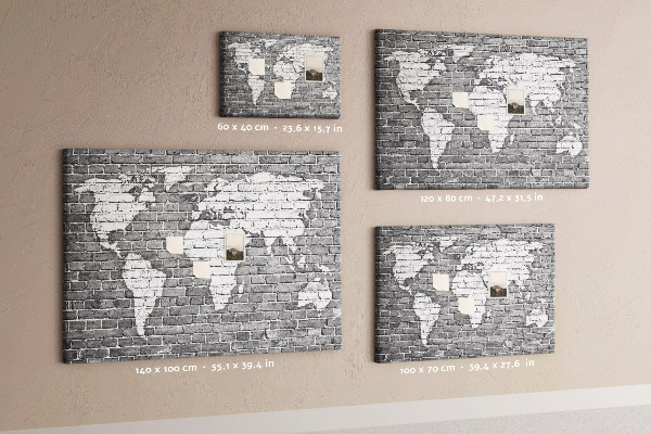 Korková tabuľa Mapa sveta na tehlovej stene
