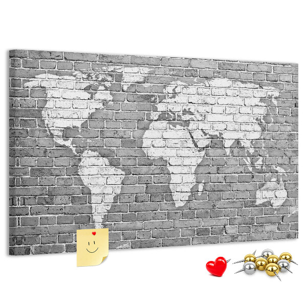 Korková tabuľa Mapa sveta na tehlovej stene