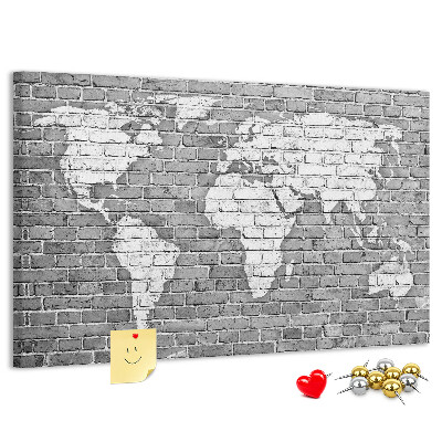 Korková tabuľa Mapa sveta na tehlovej stene