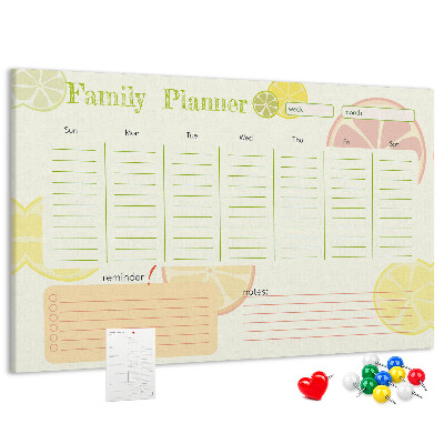 Korková tabuľa Rodinný plánovač s citrusovým vzorom.