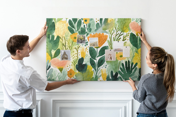 Korková nástenka na stenu Kvetinový vzor so zelenými listami