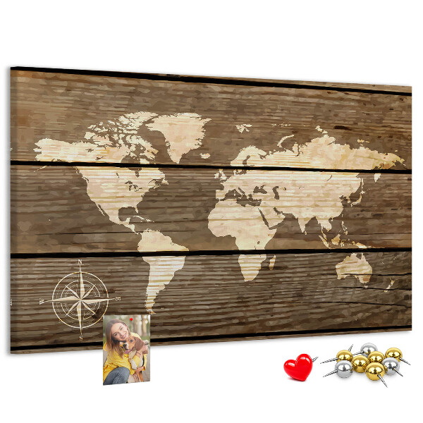 Nástenka Mapa sveta na pozadí drevených dosiek