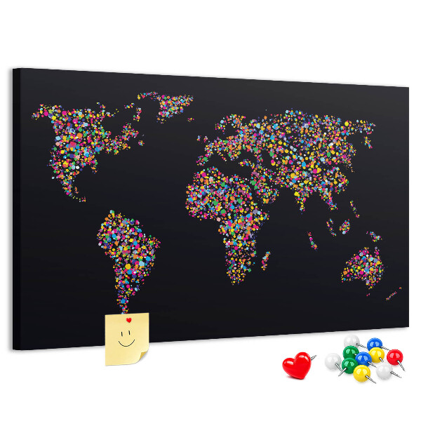 Korková nástenka na stenu Farebná mapa sveta so srdiečkami