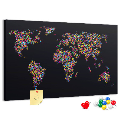 Korková nástenka na stenu Farebná mapa sveta so srdiečkami