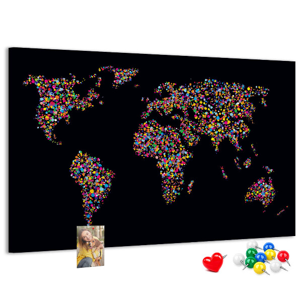 Korková nástenka na stenu Farebná mapa sveta so srdiečkami