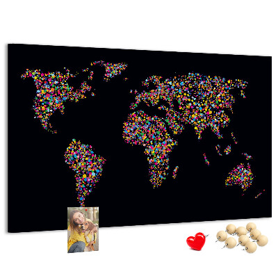 Korková nástenka na stenu Farebná mapa sveta so srdiečkami