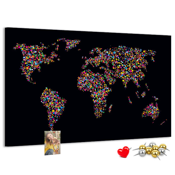 Korková nástenka na stenu Farebná mapa sveta so srdiečkami