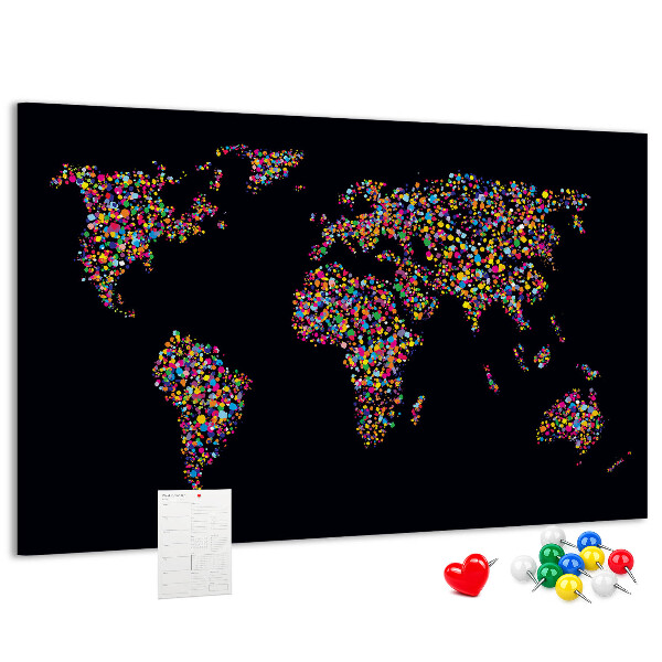 Korková nástenka na stenu Farebná mapa sveta so srdiečkami