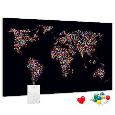 Korková nástenka na stenu Farebná mapa sveta so srdiečkami