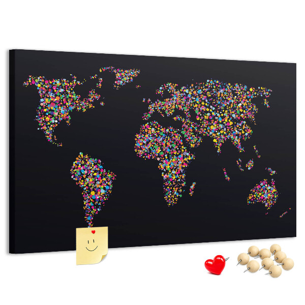 Korková nástenka na stenu Farebná mapa sveta so srdiečkami