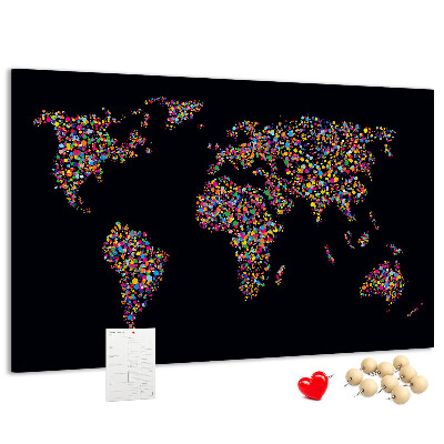 Korková nástenka na stenu Farebná mapa sveta so srdiečkami