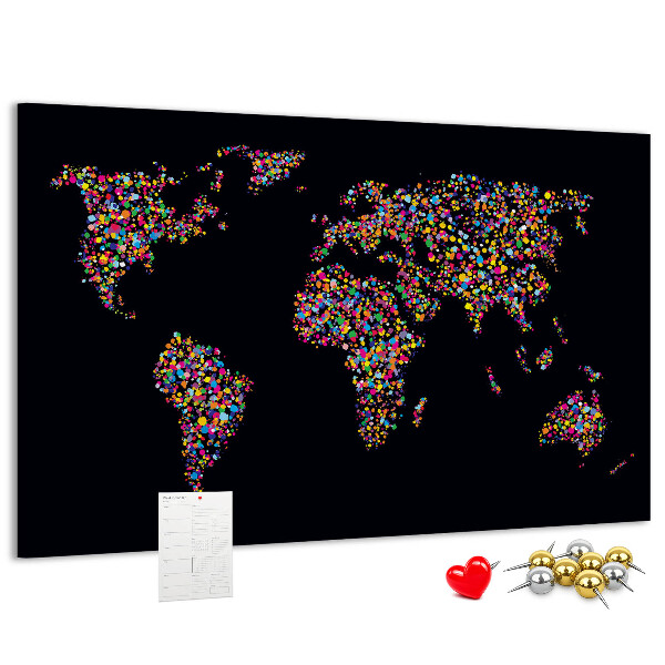 Korková nástenka na stenu Farebná mapa sveta so srdiečkami