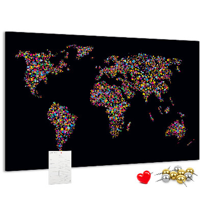 Korková nástenka na stenu Farebná mapa sveta so srdiečkami