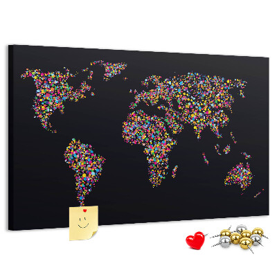 Korková nástenka na stenu Farebná mapa sveta so srdiečkami