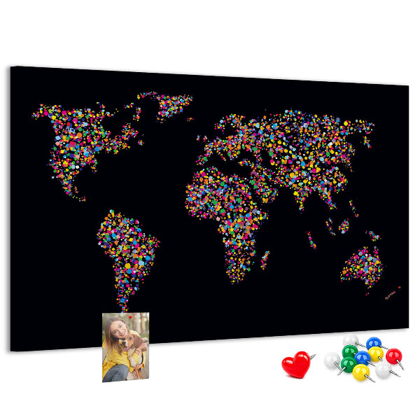 Korková nástenka na stenu Farebná mapa sveta so srdiečkami