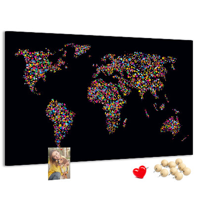 Korková nástenka na stenu Farebná mapa sveta so srdiečkami