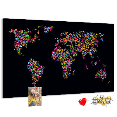 Korková nástenka na stenu Farebná mapa sveta so srdiečkami