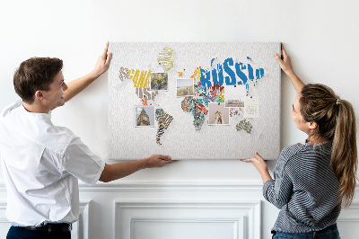 Korková tabuľa Farebná mapa sveta s názvami krajín