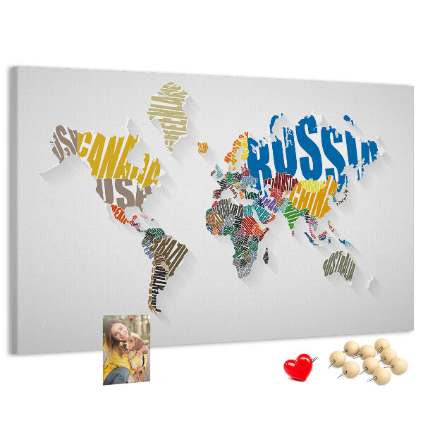 Korková tabuľa Farebná mapa sveta s názvami krajín