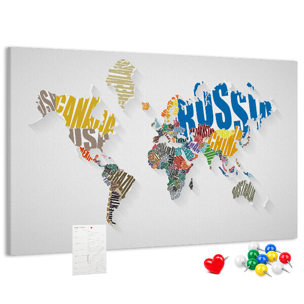 Korková tabuľa Farebná mapa sveta s názvami krajín
