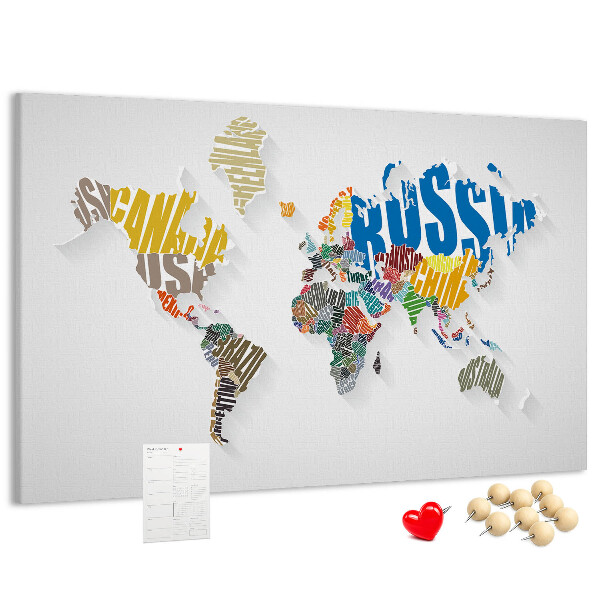 Korková tabuľa Farebná mapa sveta s názvami krajín