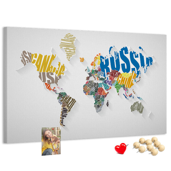 Korková tabuľa Farebná mapa sveta s názvami krajín