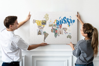 Korková nástenka na stenu Mapa sveta s názvami krajín.