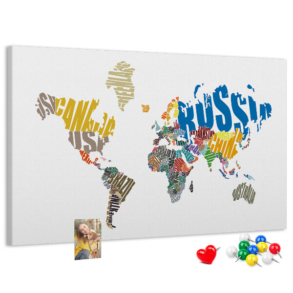 Korková nástenka na stenu Mapa sveta s názvami krajín.