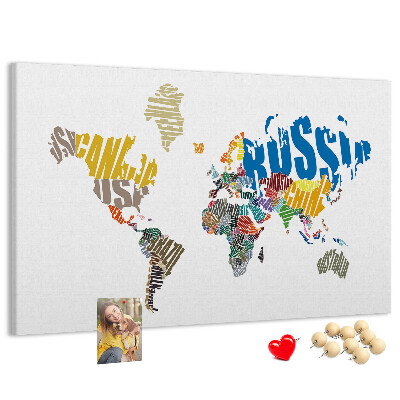 Korková nástenka na stenu Mapa sveta s názvami krajín.