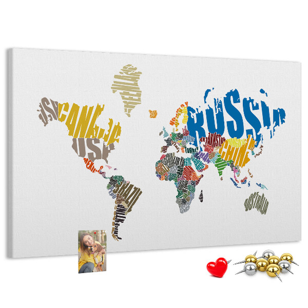 Korková nástenka na stenu Mapa sveta s názvami krajín.