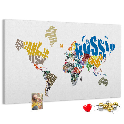 Korková nástenka na stenu Mapa sveta s názvami krajín.