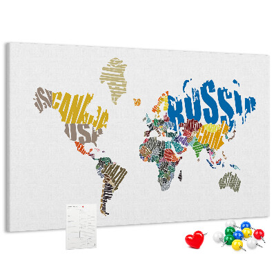 Korková nástenka na stenu Mapa sveta s názvami krajín.