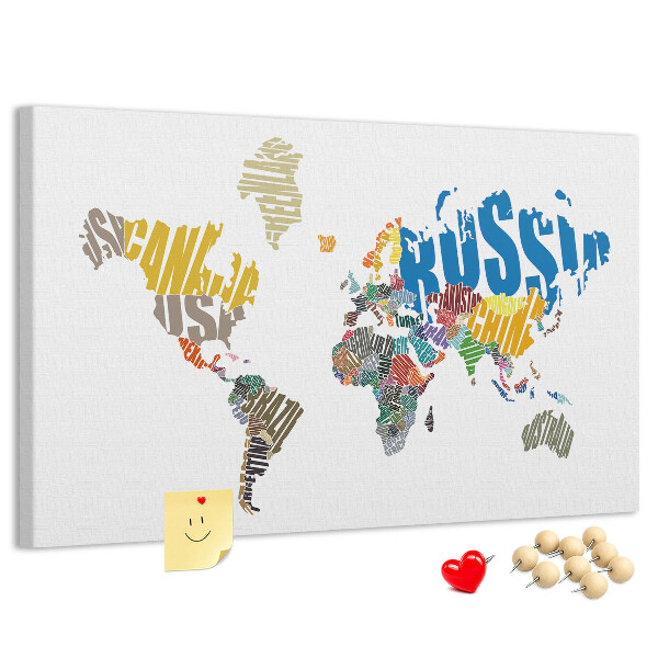 Korková nástenka na stenu Mapa sveta s názvami krajín.