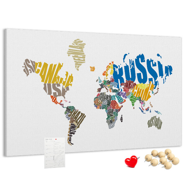 Korková nástenka na stenu Mapa sveta s názvami krajín.