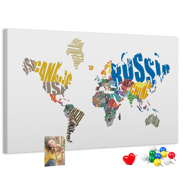 Korková nástenka na stenu Mapa sveta s názvami krajín.