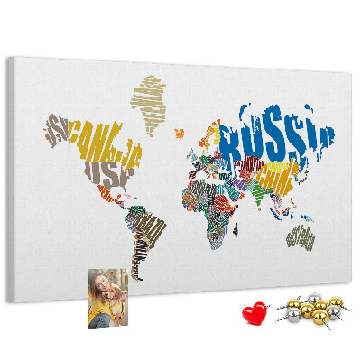 Korková nástenka na stenu Mapa sveta s názvami krajín.