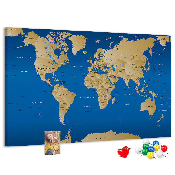 Korková tabuľa Mapa sveta s farebnými špendlíkmi