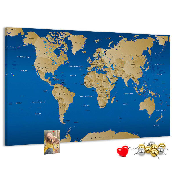 Korková tabuľa Mapa sveta s farebnými špendlíkmi