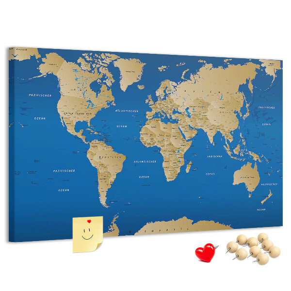 Korková tabuľa Mapa sveta s farebnými špendlíkmi