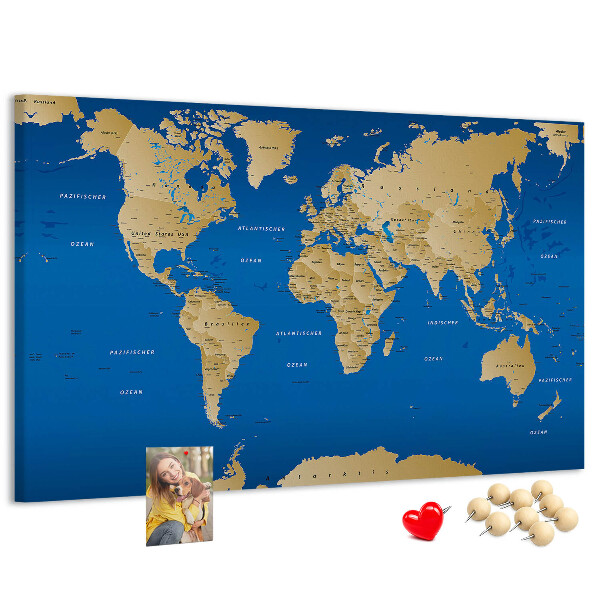 Korková tabuľa Mapa sveta s farebnými špendlíkmi
