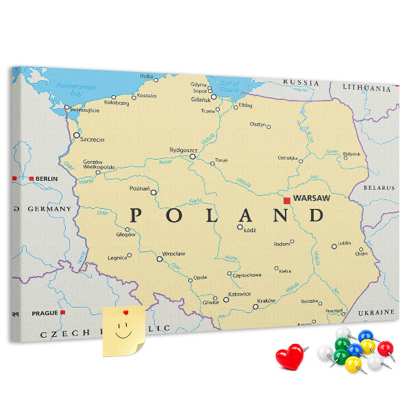 Korková nástenka na stenu Mapa Poľska s vyznačenou Varšavou