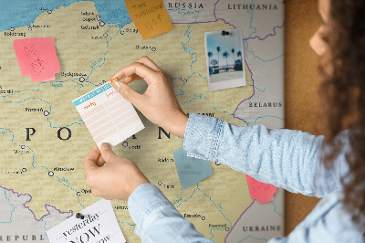 Korková nástenka na stenu Mapa Poľska s vyznačenou Varšavou