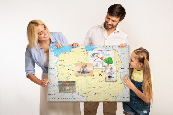 Korková nástenka na stenu Mapa Poľska s vyznačenou Varšavou