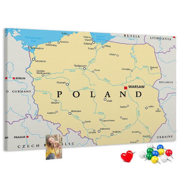 Korková nástenka na stenu Mapa Poľska s vyznačenou Varšavou