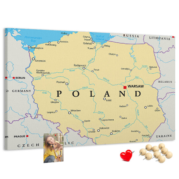 Korková nástenka na stenu Mapa Poľska s vyznačenou Varšavou