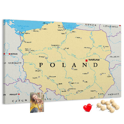 Korková nástenka na stenu Mapa Poľska s vyznačenou Varšavou