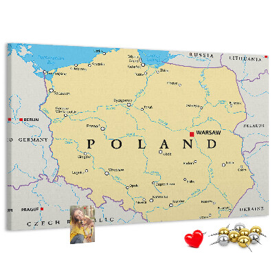 Korková nástenka na stenu Mapa Poľska s vyznačenou Varšavou