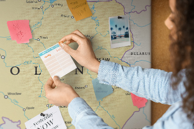 Korková nástenka na stenu Mapa Poľska s vyznačenou Varšavou