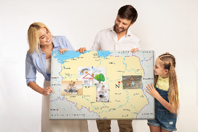 Korková nástenka na stenu Mapa Poľska s vyznačenou Varšavou