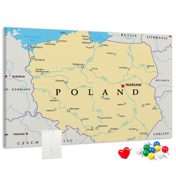 Korková nástenka na stenu Mapa Poľska s vyznačenou Varšavou